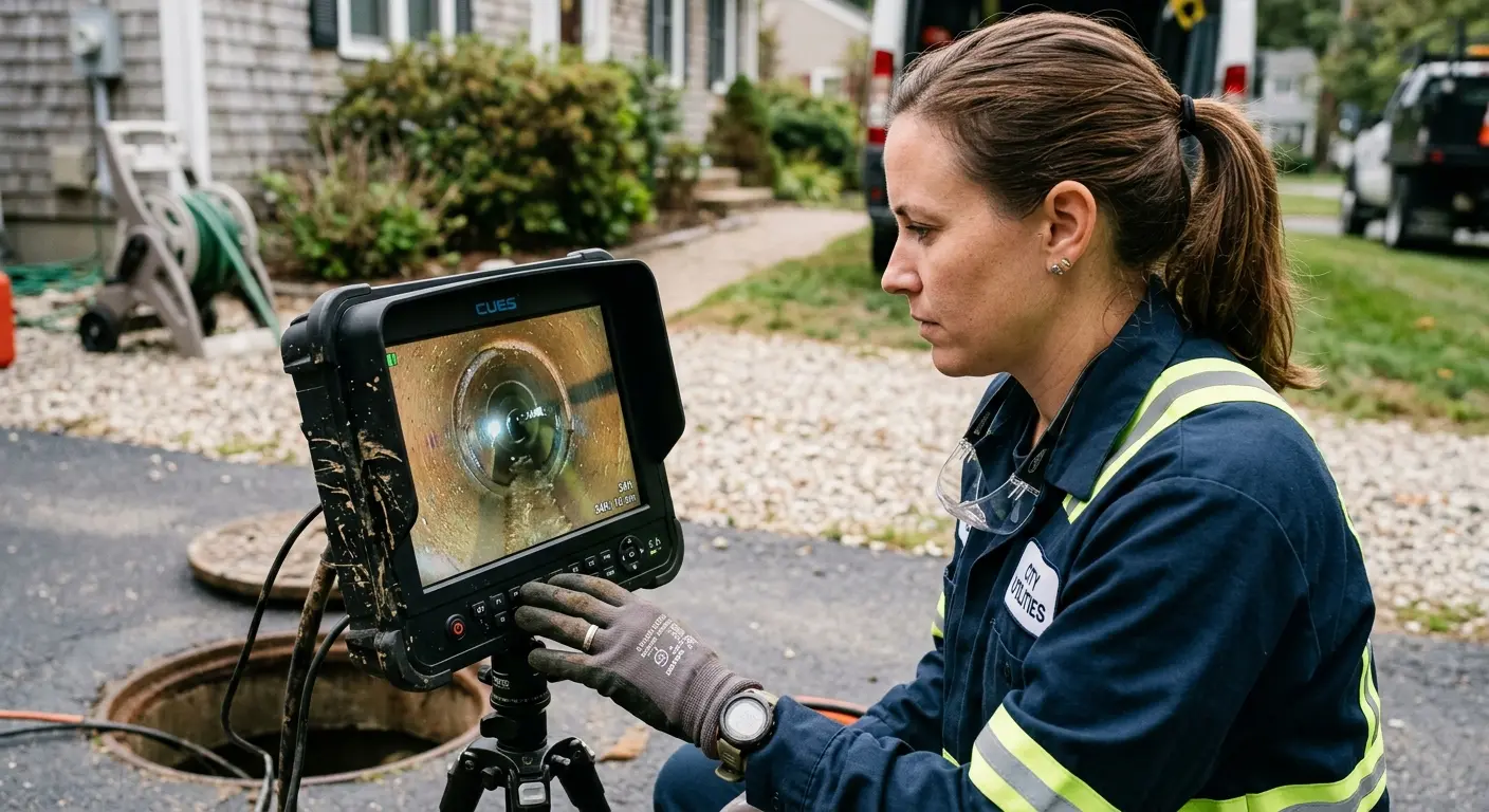 Technician reviewing sewer camera inspection footage in Susquehanna