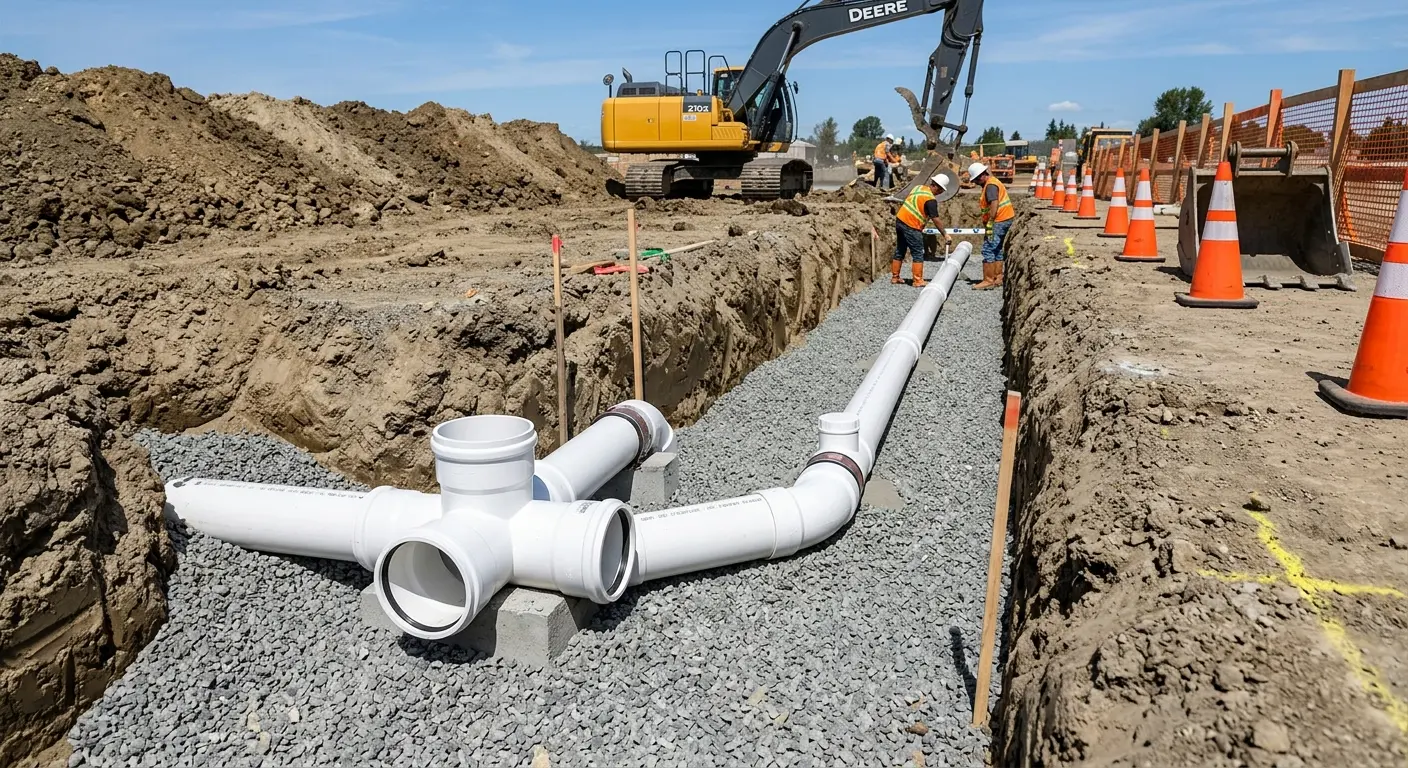 New PVC sewer pipe installation in open trench for Commercial Drain Cleaning in Susquehanna
