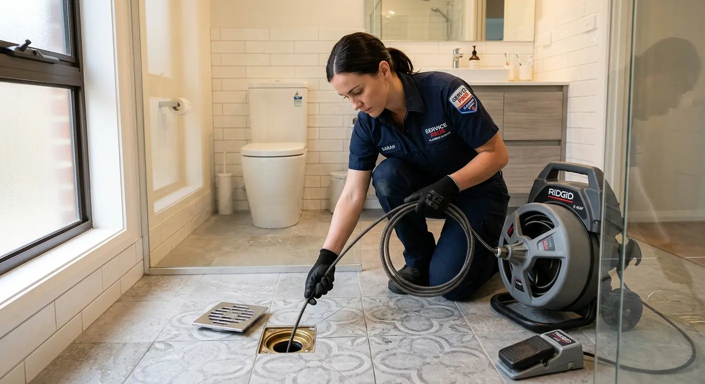 Technician clearing a bathroom floor drain for Drain Cleaning in Susquehanna